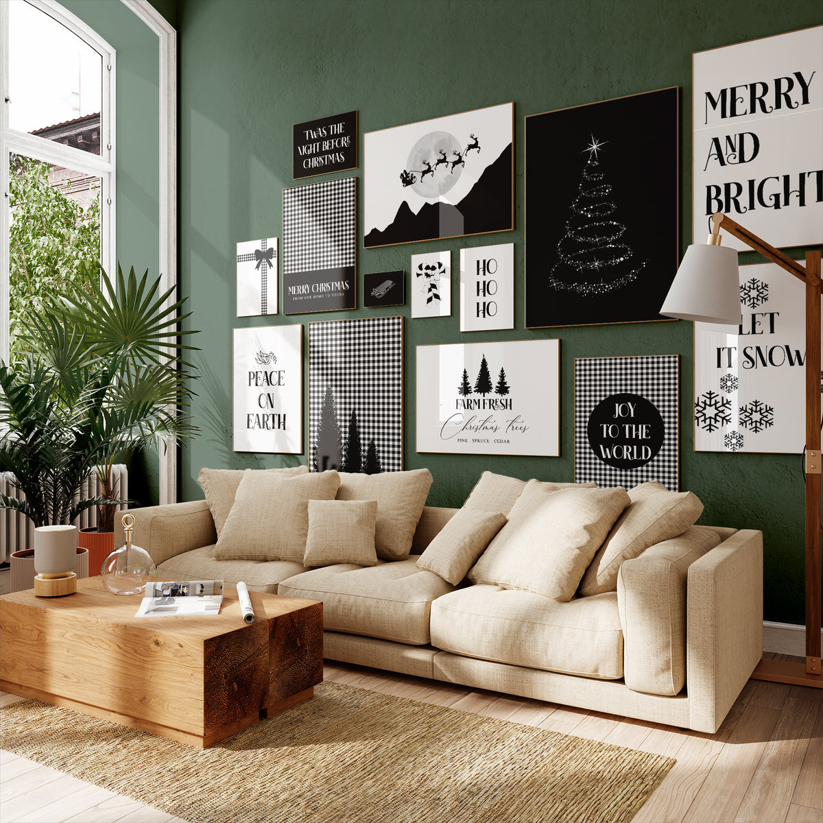 Christmas wall art printable size guide showing international print ratios for a set of fourteen black and white Christmas prints