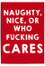 Funny Christmas Quote Wall Art Print – Naughty Nice Who Cares Poster – Sarcastic Holiday Decor – Red Humour Christmas Print