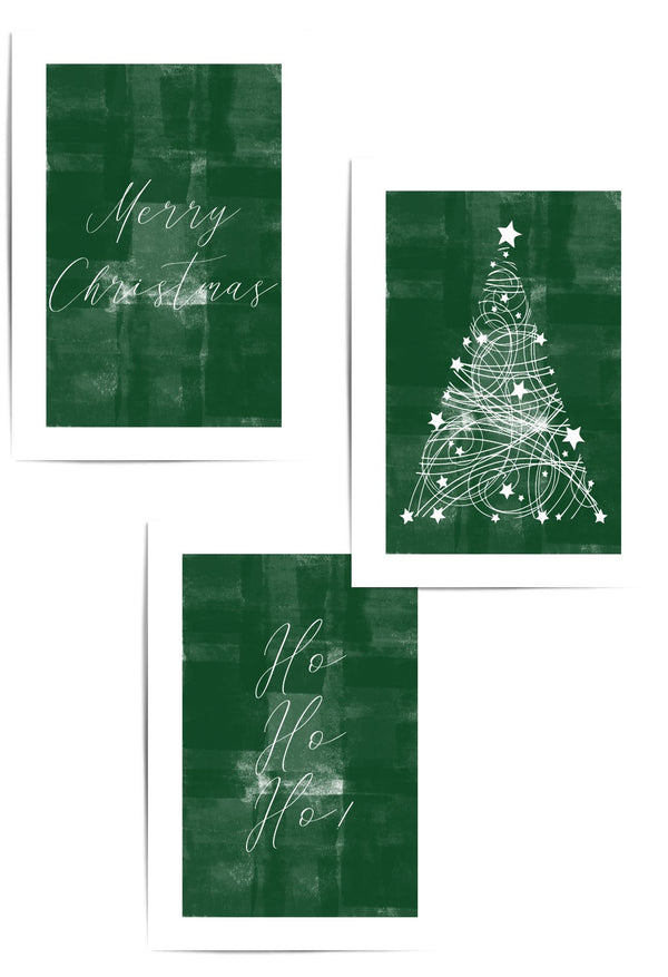 Green Christmas Wall Art Set – Modern Festive Prints – Merry Christmas, Ho Ho Ho & Christmas Tree Trio – Holiday Home Decor