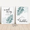 Set of 2 duck egg blue bathroom wall art prints featuring the quote “Wash away your troubles in a bath full of bubbles” – soft, modern decor perfect for bathrooms, ensuites, or spa-inspired spaces.