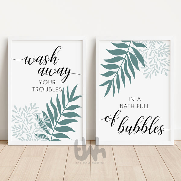 Set of 2 duck egg blue bathroom wall art prints featuring the quote “Wash away your troubles in a bath full of bubbles” – soft, modern decor perfect for bathrooms, ensuites, or spa-inspired spaces.