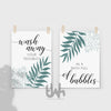Set of 2 duck egg blue bathroom wall art prints featuring the quote “Wash away your troubles in a bath full of bubbles” – soft, modern decor perfect for bathrooms, ensuites, or spa-inspired spaces.