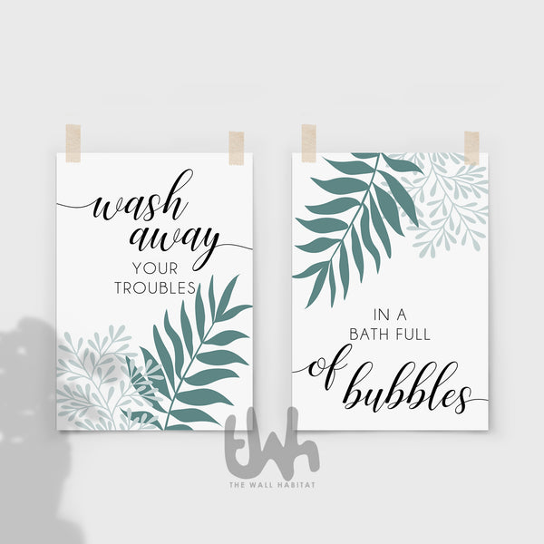 Set of 2 duck egg blue bathroom wall art prints featuring the quote “Wash away your troubles in a bath full of bubbles” – soft, modern decor perfect for bathrooms, ensuites, or spa-inspired spaces.