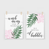bathroom shelf decor wash away your troubles pink and green sign