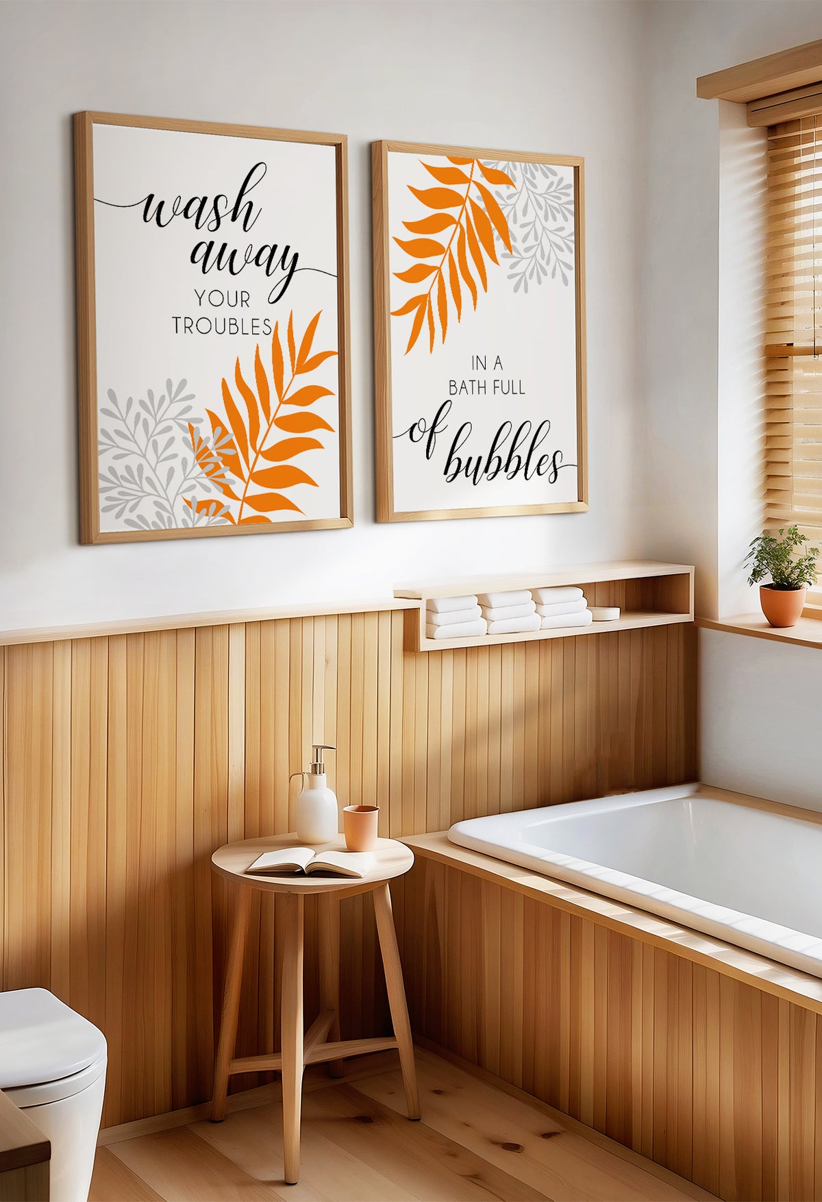 orange black grey bathroom wall art