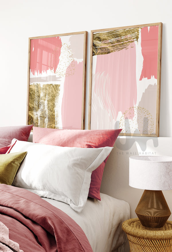 set of 2 pink and gold abstract art