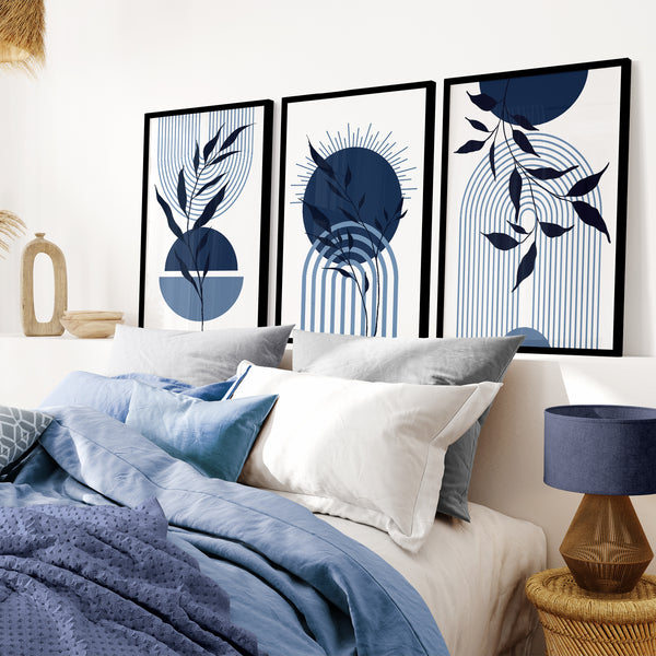 blue shades mid century wall art 3pc prints in black frame