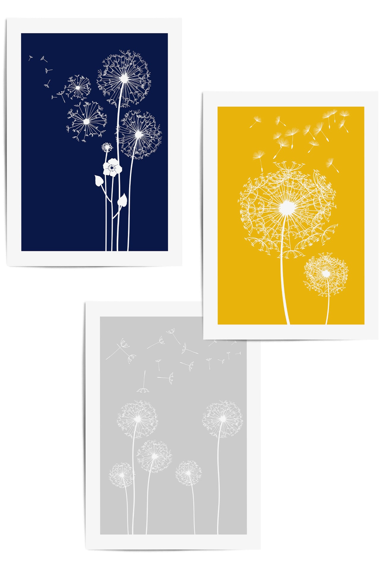 Set of 3 Blue and Yellow Dandelion Wall Art Prints