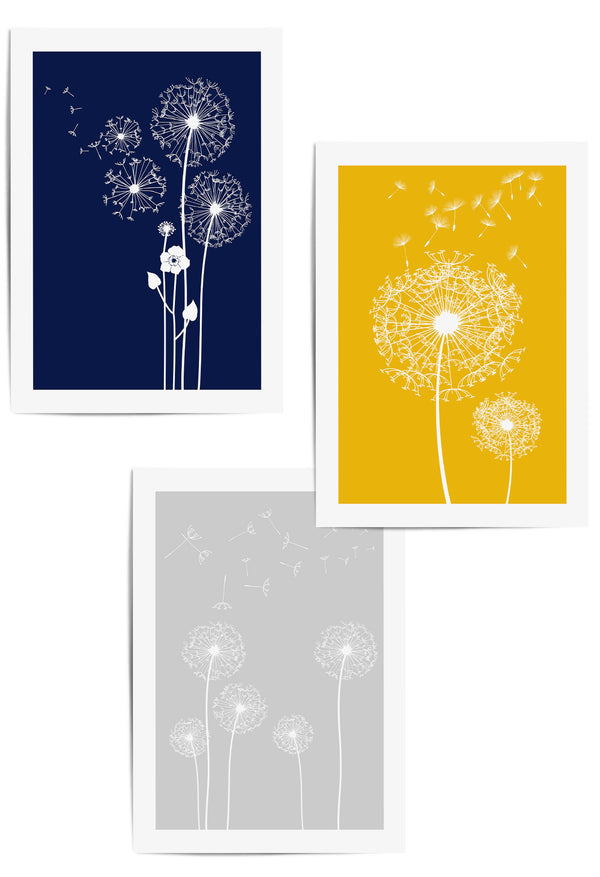 Set of 3 Blue and Yellow Dandelion Wall Art Prints