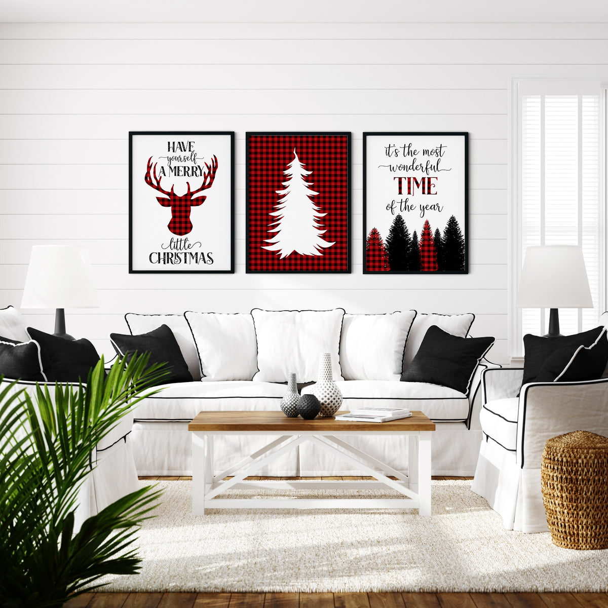 Red and black buffalo plaid Christmas wall art set of 6 displayed above a grey sofa