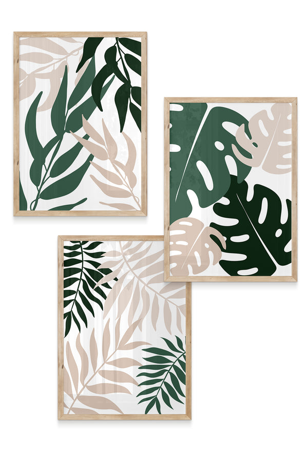 oak framed green and beige leaf prints