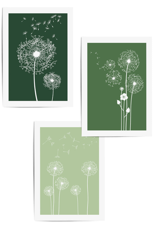set of 3 green shades dandelion wall art