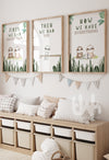 Set of three nursery wall art prints featuring cartoon sloth family with phrases: ‘First we had each other’, ‘Then we had you’, and ‘Now we have everything’ on jungle-themed backgrounds