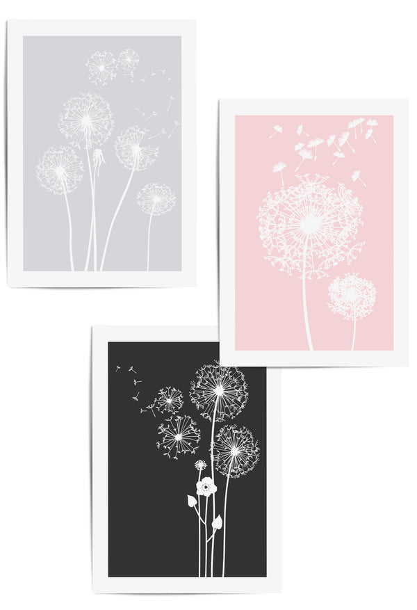set of 3 pink, light and dark grey dandelion prints
