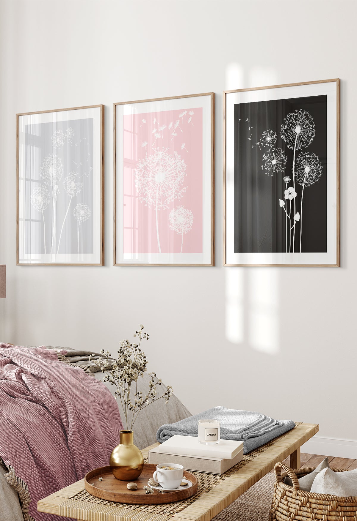 set of 3 pink and grey bedroom decor