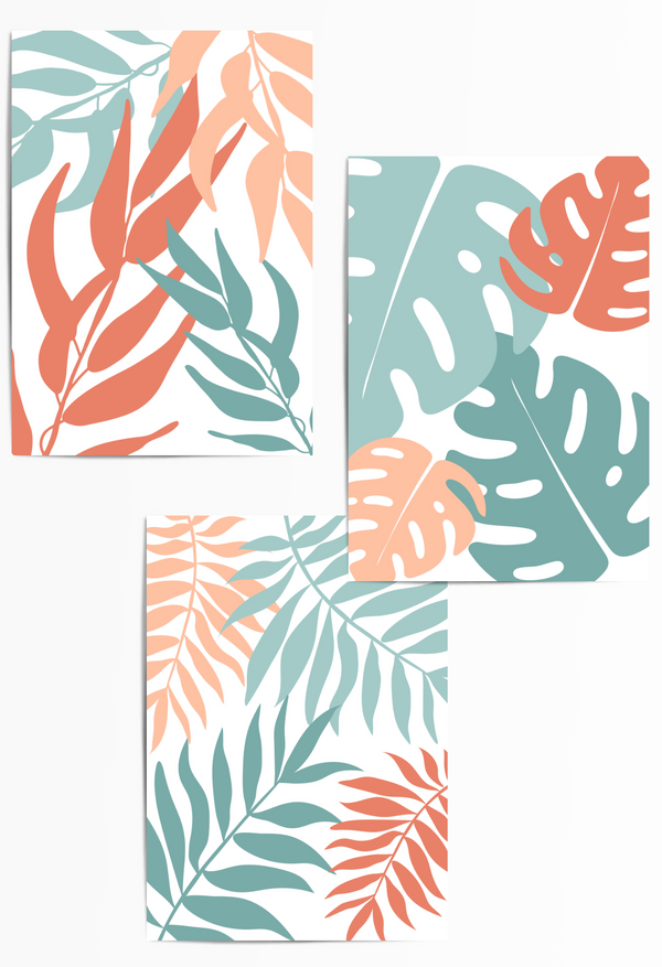 Set of 3 tropical botanical wall art prints in coral peach and teal, featuring modern leaf illustrations with a coastal and boho aesthetic – perfect for living room, bedroom, or office decor.