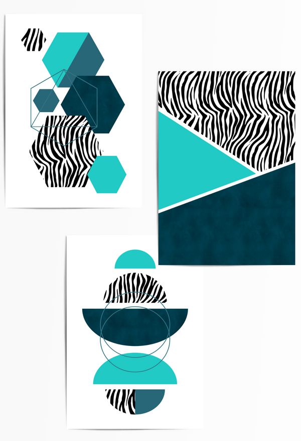 set of 3 teal blue zebra prints