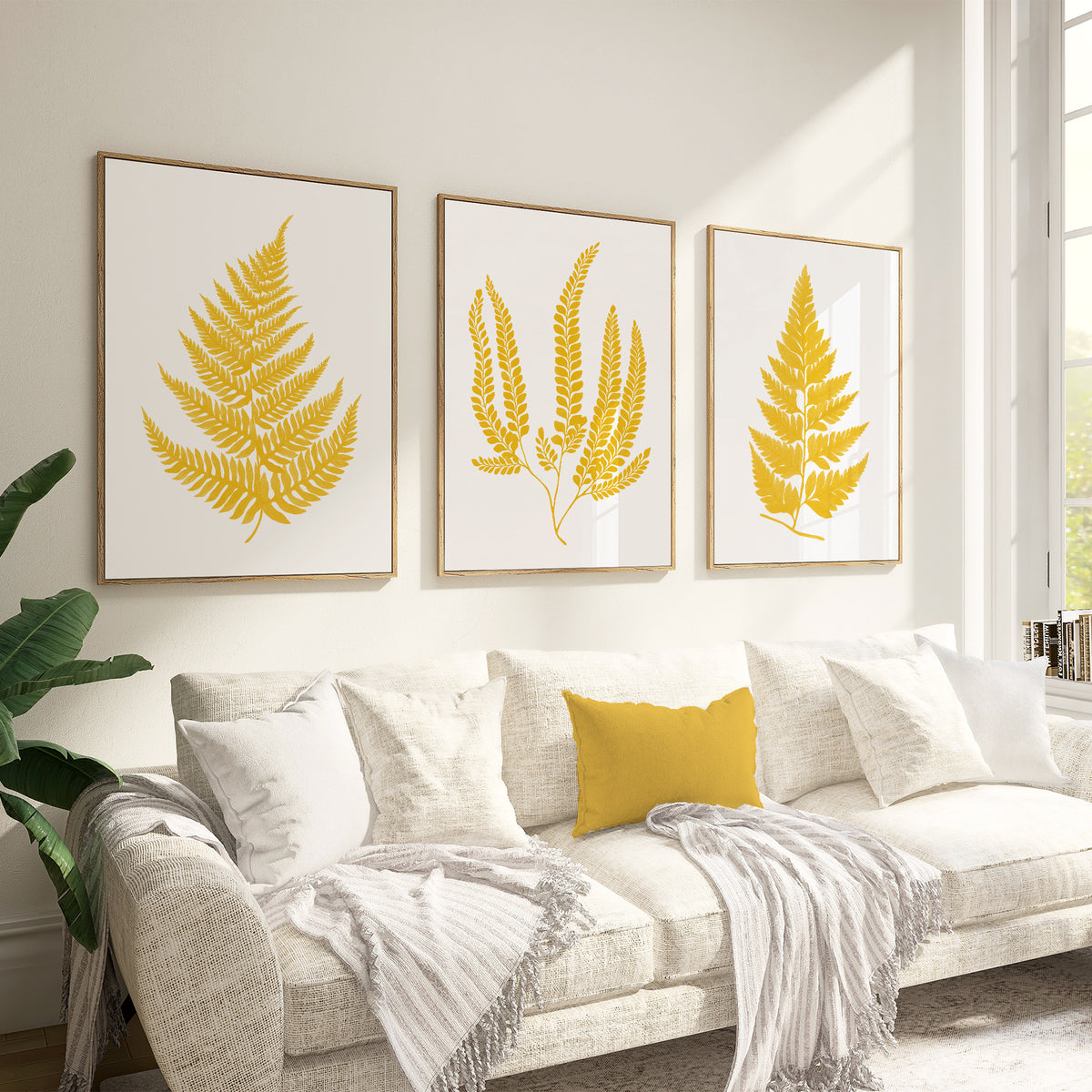 set of 3 yellow mustard fern botanical wall decor