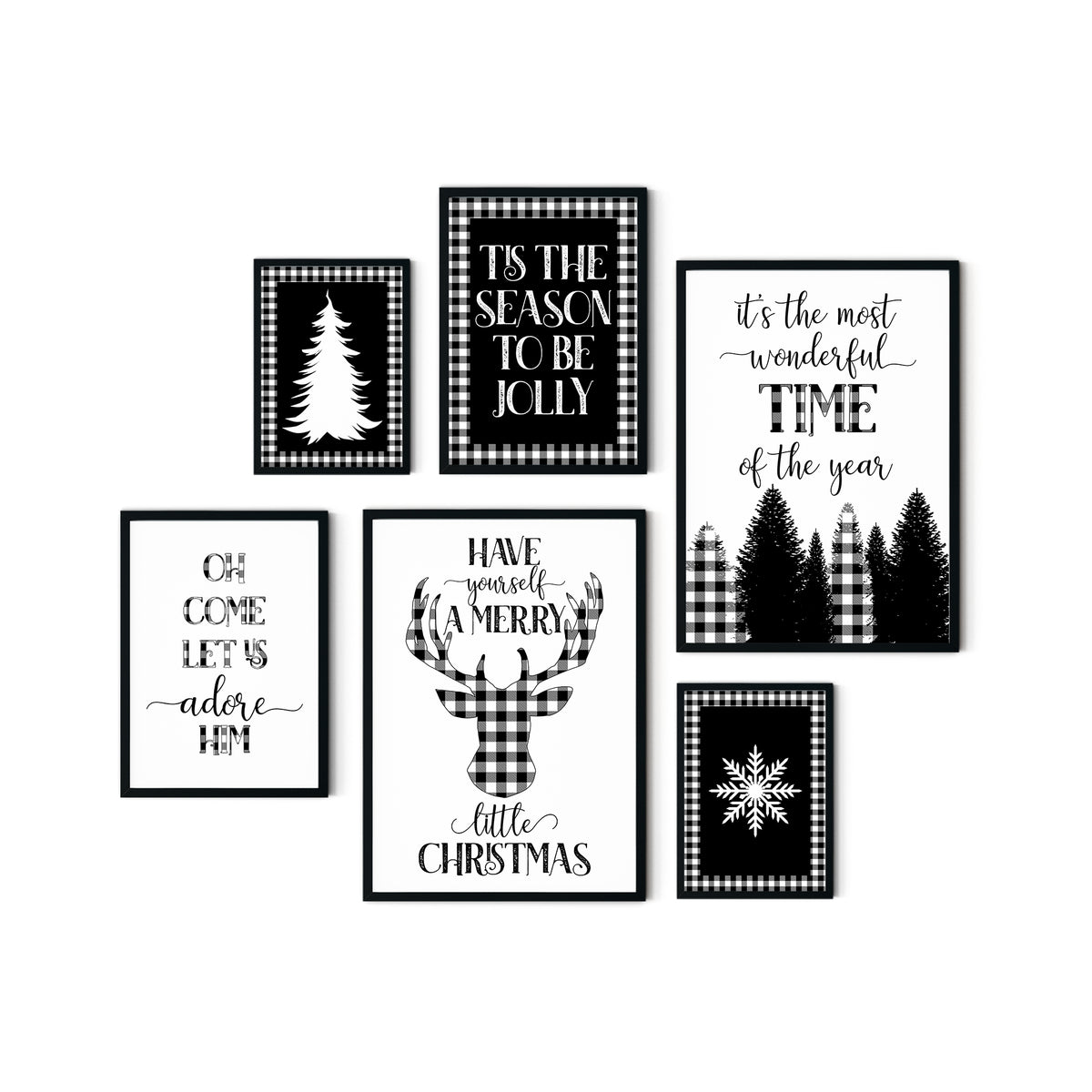 Black and white Christmas wall art set of 6 featuring buffalo plaid festive prints