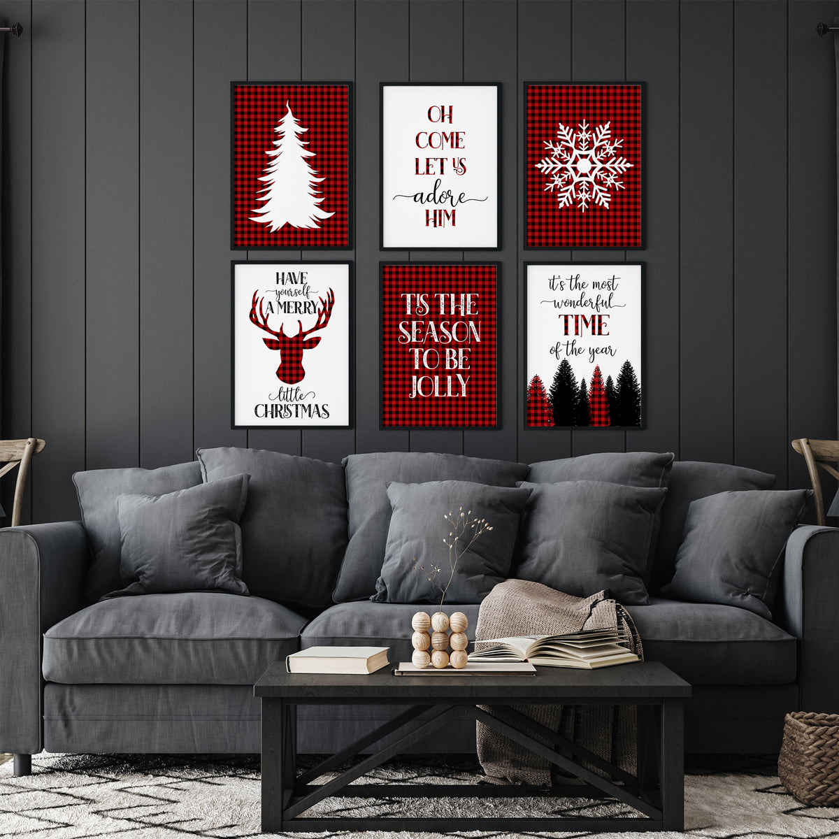 Red and black buffalo plaid Christmas wall art set of 6 displayed above a grey sofa