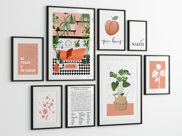 Set of 8 peach and green printable bathroom wall art prints in black frames