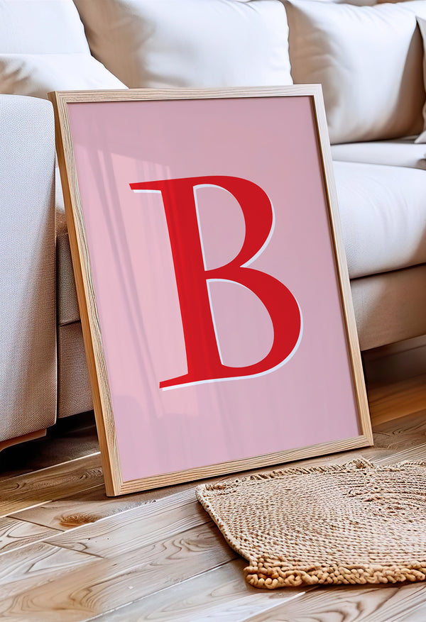 Personalized Initial Wall Art Print – Bold Monogram Poster | Red & Pink Custom Letter Decor