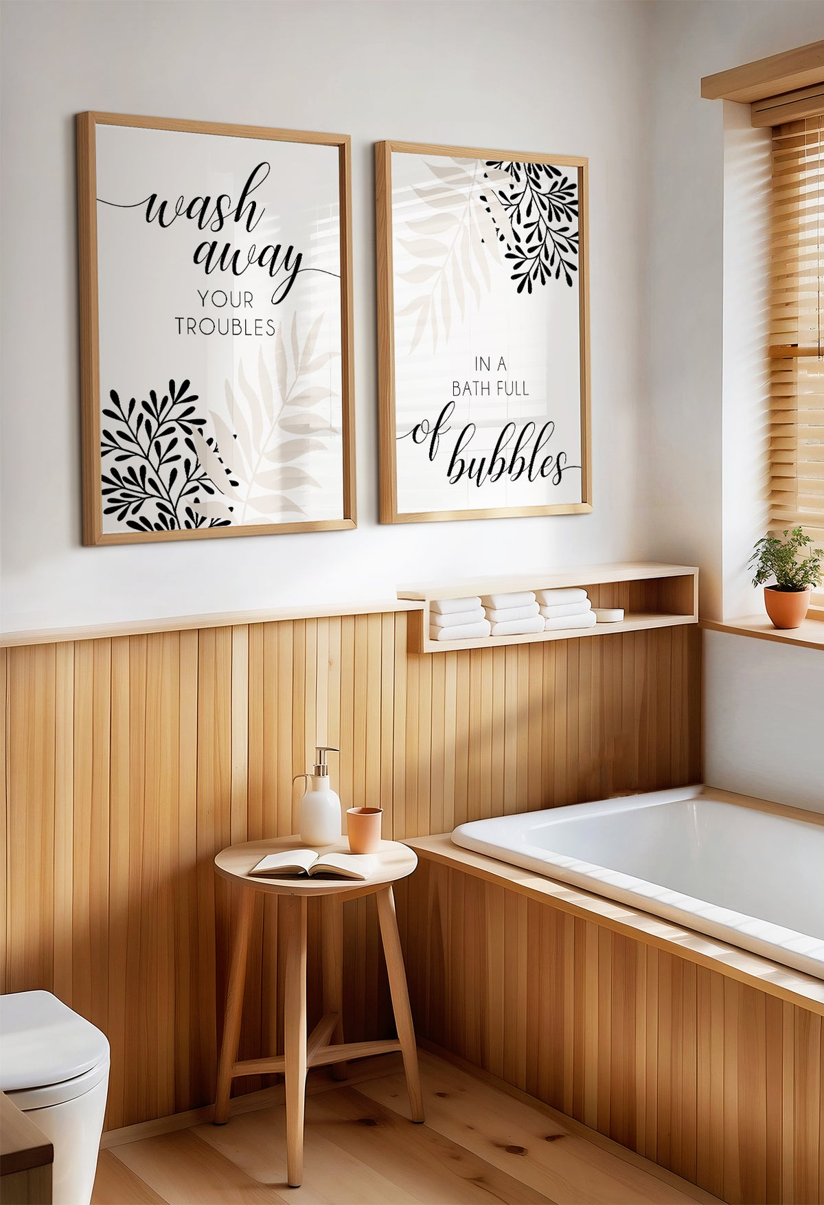 black and beige bathroom prints