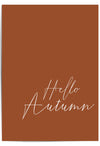 Burnt Orange background with 'Hello Autumn' text in white