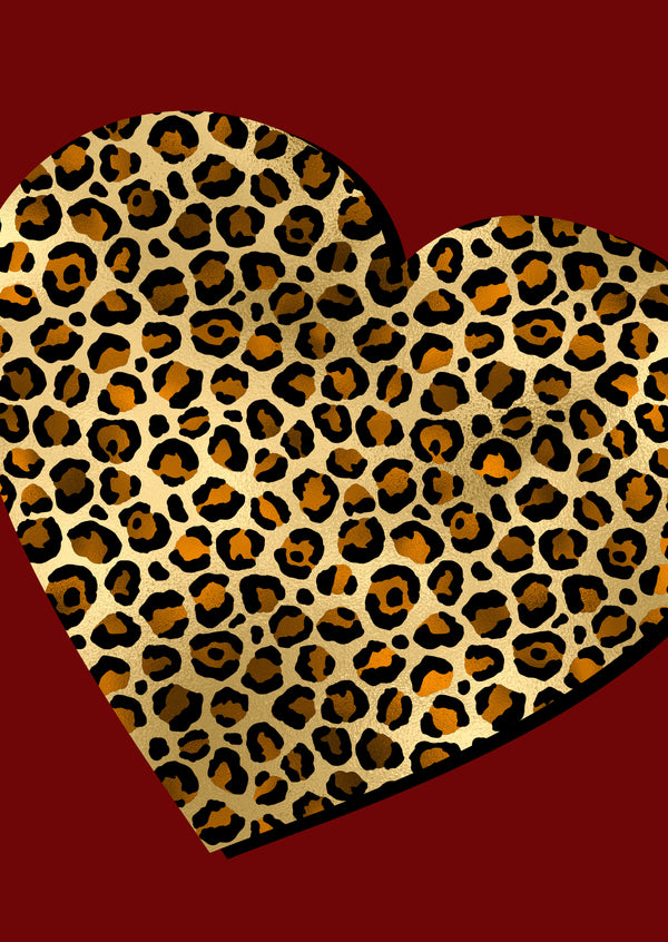 Leopard heart wall art print with gold leopard pattern on a deep red background
