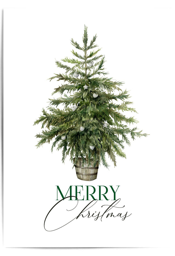 Christmas tree with decorative elements and 'Merry Christmas' text on a white background