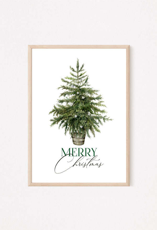 Framed artwork with a Christmas tree and 'Merry Christmas' text on a white background