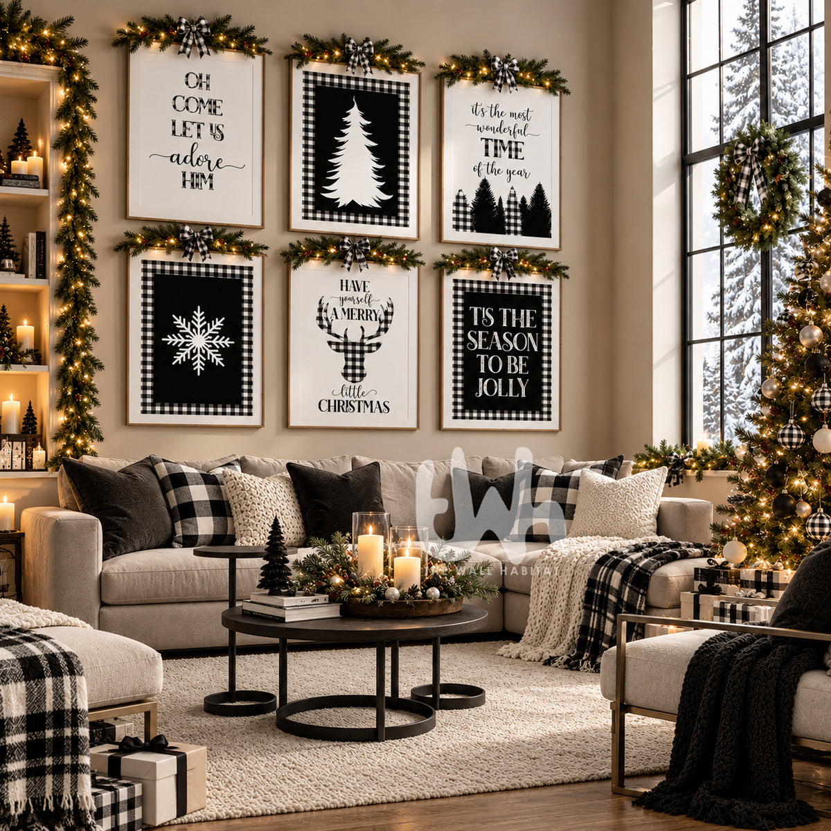 Farmhouse Christmas living room with six black and white plaid wall art prints