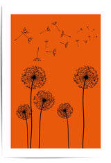 Black dandelion illustrations on an orange background