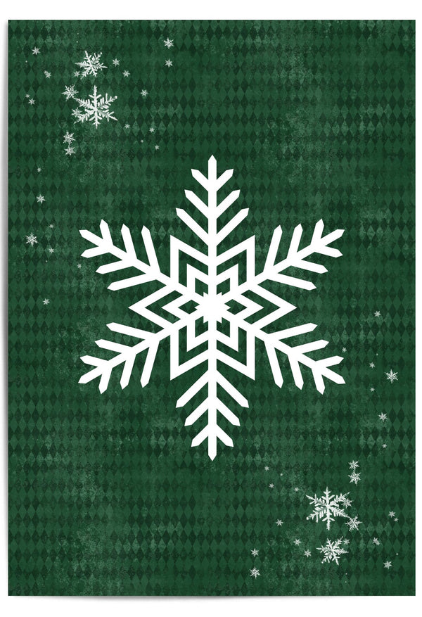 White snowflake wall art on forest green textured background