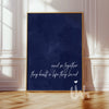 navy blue love quote wall art styled in living room