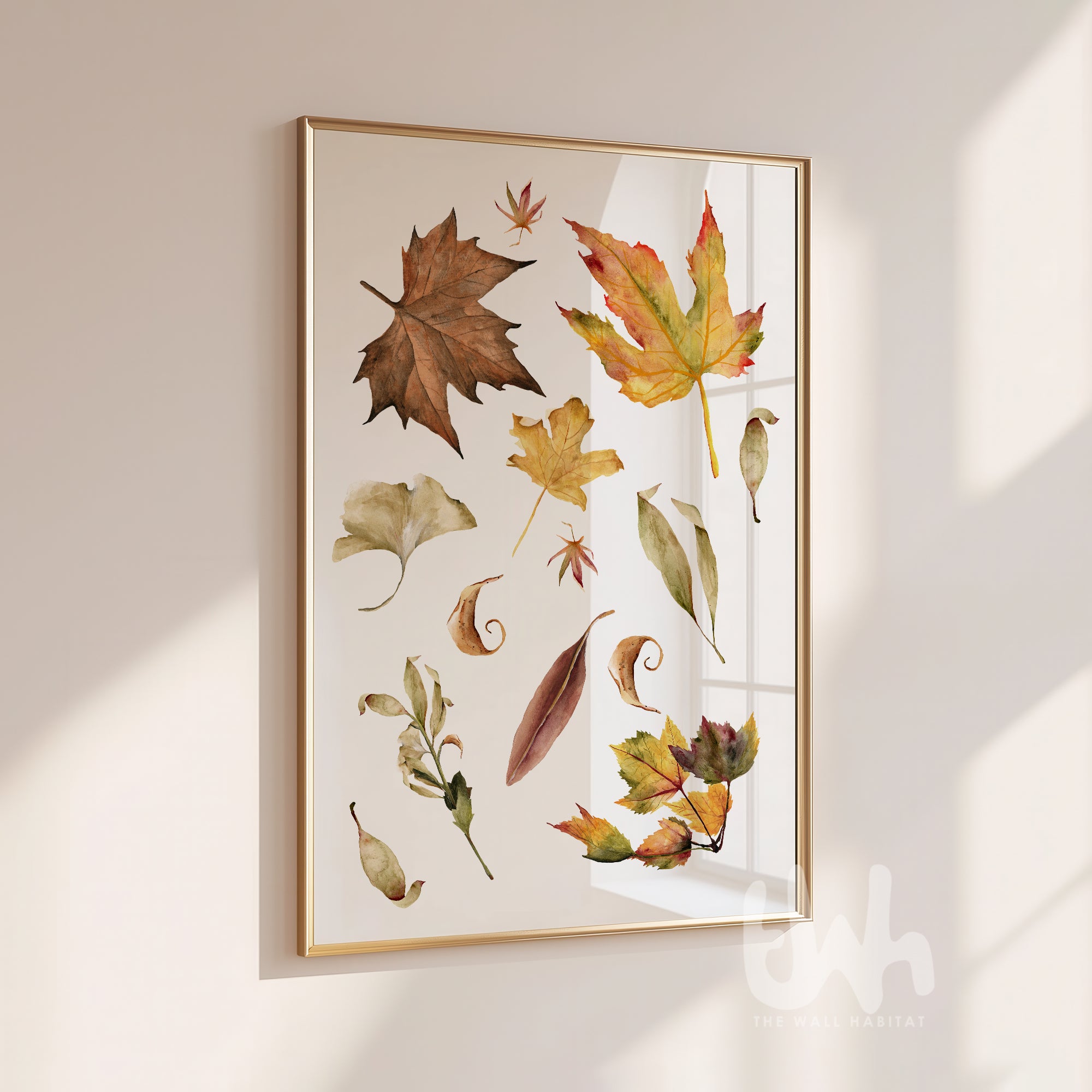 Hand-painted watercolour autumn leaves wall art print in brown, orange, yellow and green tones on a white background – rustic fall-themed poster for seasonal home decor.