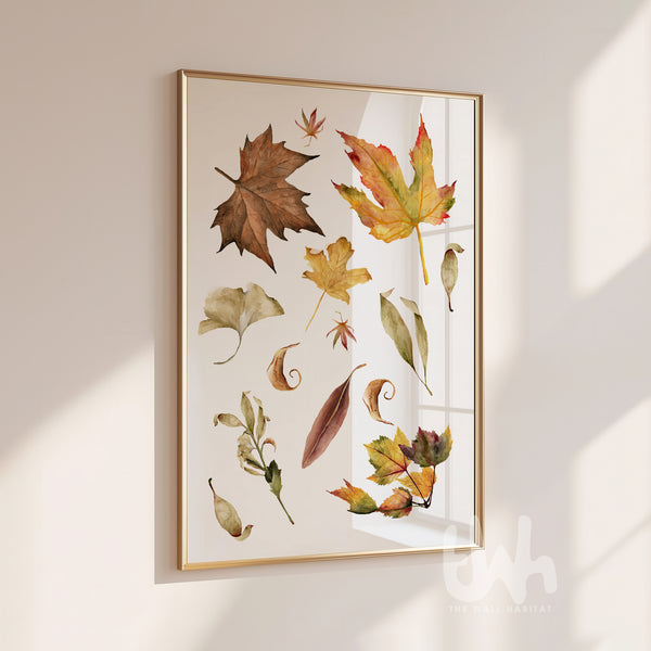 Hand-painted watercolour autumn leaves wall art print in brown, orange, yellow and green tones on a white background – rustic fall-themed poster for seasonal home decor.