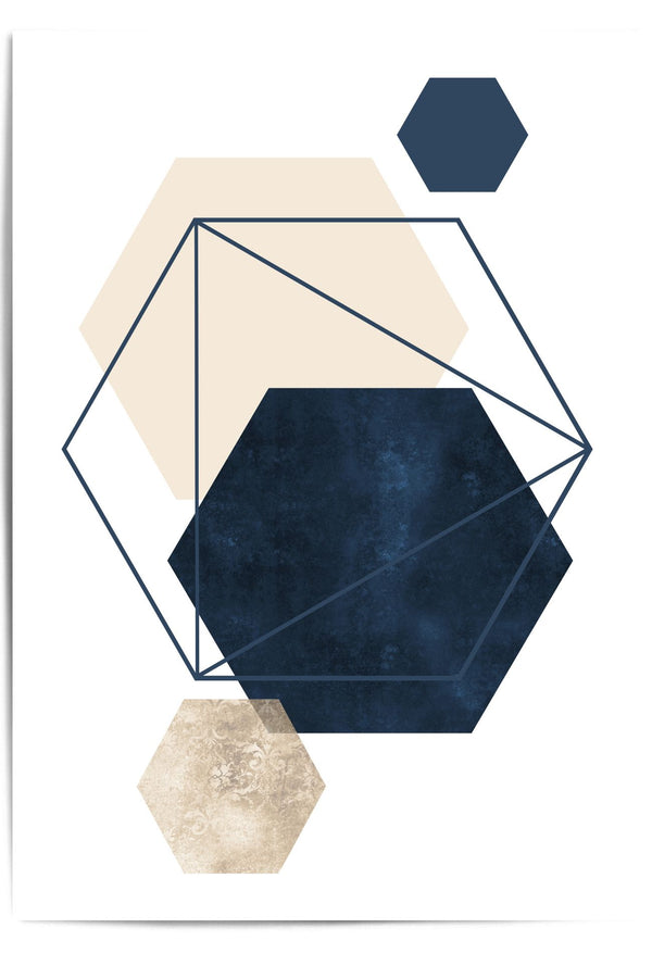 Geometric design with hexagonal shapes in navy, beige, and white on a white background