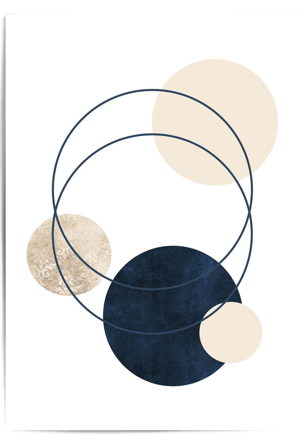 Abstract art print with geometric shapes in navy, beige, and black on a white background