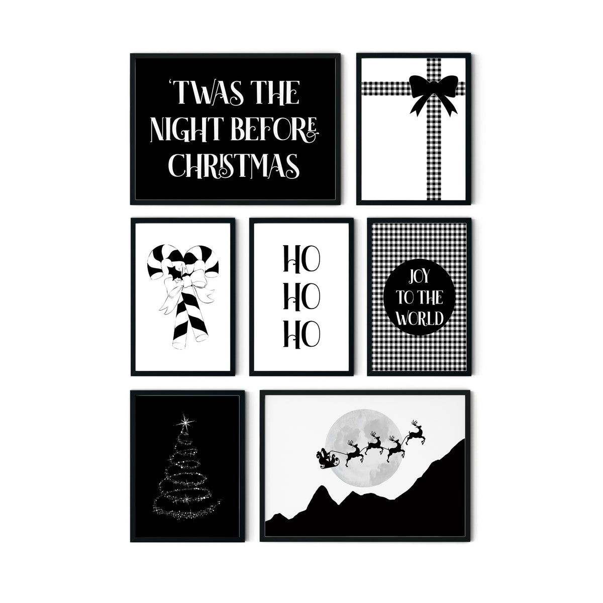 Black and white Christmas printable wall art featuring Farm Fresh Christmas Trees, Merry and Bright, Let It Snow and Peace on Earth designs