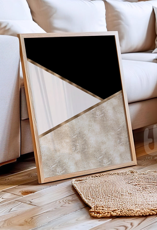 Decorative wall decor with geometric design on a wooden floor.