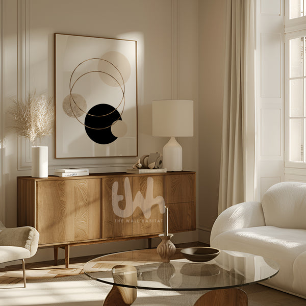 Modern living room with wooden sideboard, white sofa, and abstract art.