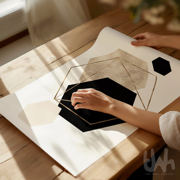Black Beige Gold Geometric Hexagon Abstract Wall Art – Minimalist Modern Decor for Neutral Living Rooms, Hallways & Bedrooms