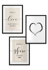 black framed set of 3 black and beige bedroom wall art prints