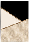 Geometric design with black, gold, and beige colors on a white background