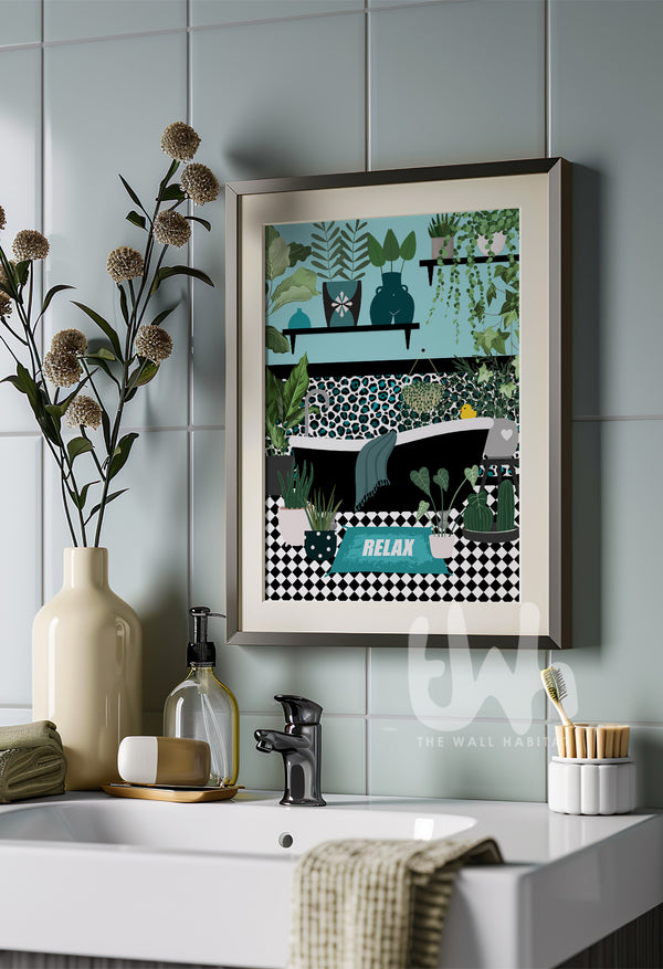 black and teal bathroom print