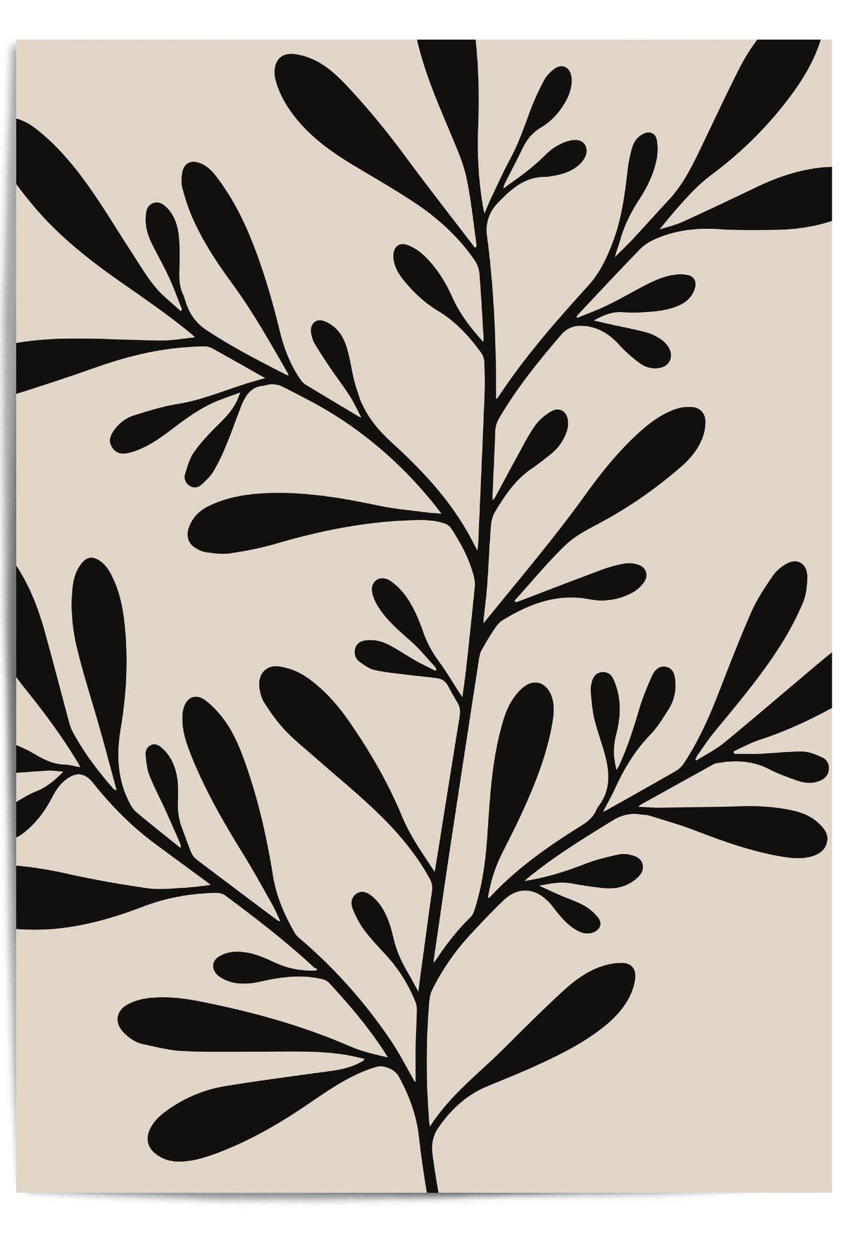 Modern botanical wall art print with bold black leaf silhouettes over a beige background, shown unframed and styled on a wooden desk in natural light