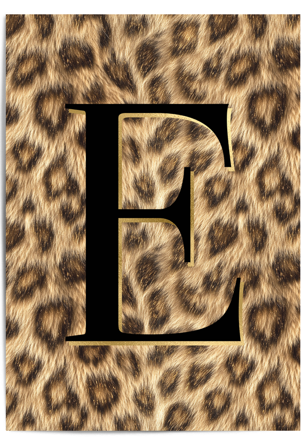 Leopard print background with a large black letter 'E' in the center