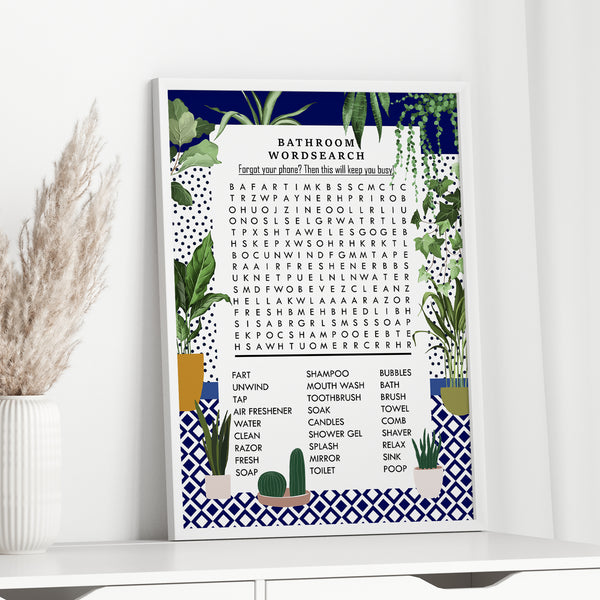Blue Bathroom Word Search Art Print