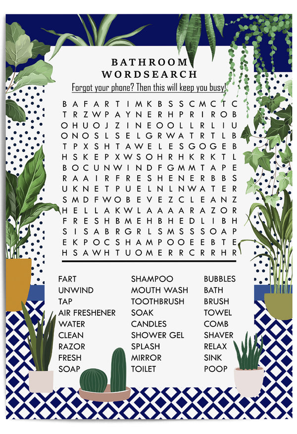 Blue Bathroom Word Search Art Print